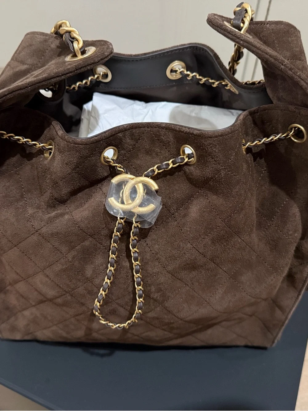 NWT Chanel Medium 25 Hobo Bag Dark Brown Suede Antique Gold Hardware